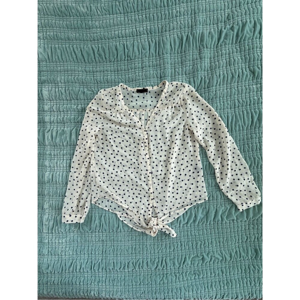 Pearl White Polka Dot Button-Front Tie-Hem Blouse-Large